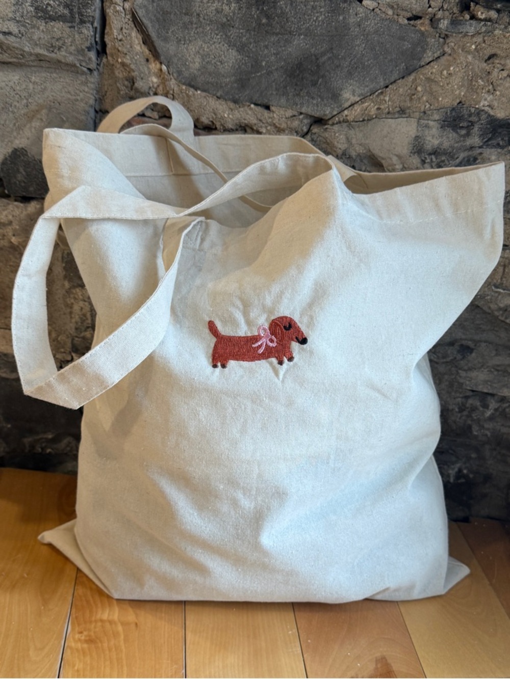 Canvas Tote Bag with Embroidered Brown Dachshund - Doxie Tote Rare